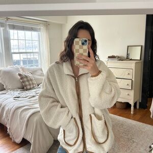 Cozy Cream Sherpa Jacket with Tan Accents